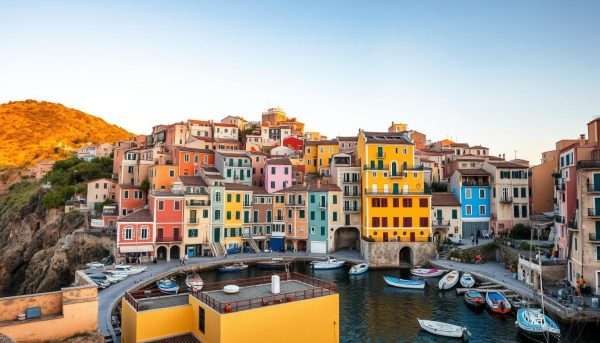 Colorful houses built into volcanic cliffs overlooking the sea in Procida, Italy