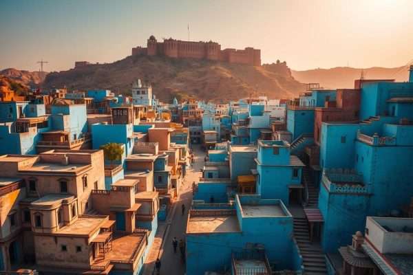 Colorful streets of Jodhpur's blue city with Mehrangarh Fort in the background, Rajasthan, India