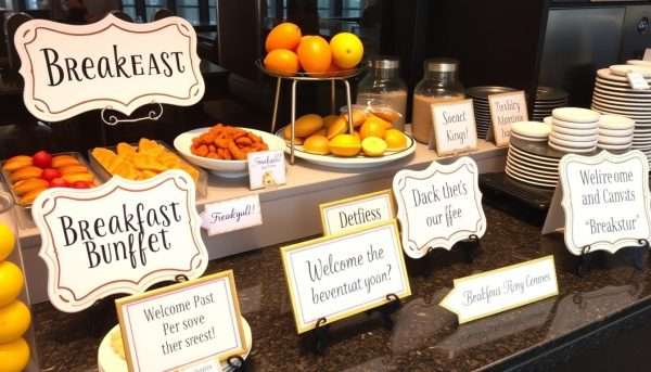 Creative displays at a breakfast buffet with punny signs and decorations Creative displays at a breakfast buffet with punny signs and decorations
