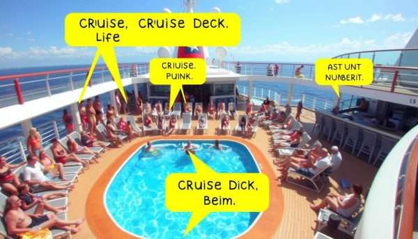 Cruise ship deck with passengers enjoying activities with pun captions