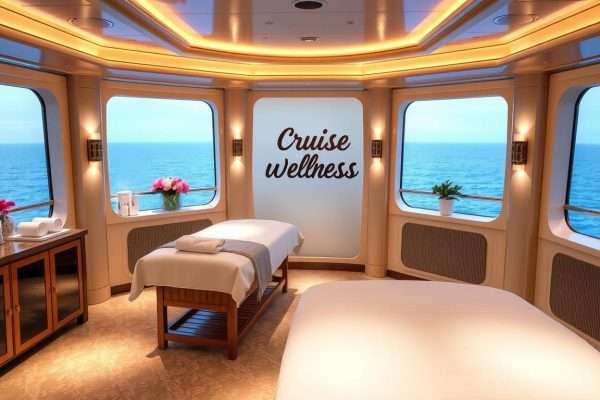 Cruise ship spa treatment with relaxation pun signage