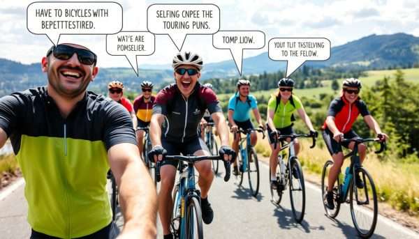 Cyclists on a group ride sharing laughs with speech bubbles containing bicycle puns