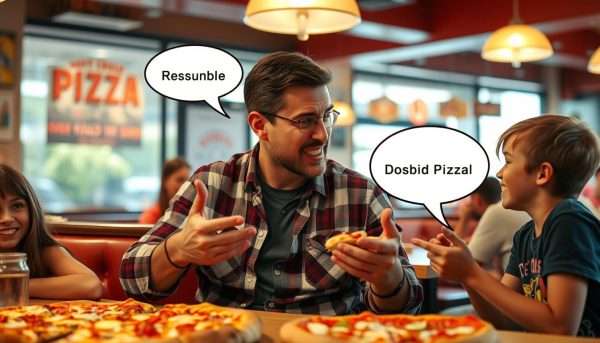 Dad telling pizza puns to embarrassed teenagers at a pizza restaurant Dad telling pizza puns to embarrassed teenagers at a pizza restaurant