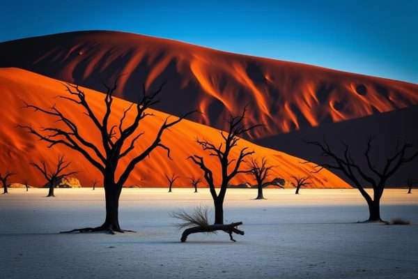 Dead trees against red sand dunes in Deadvlei, Sossusvlei, Namibia