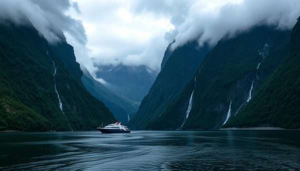 Dramatic fjord landscape of Milford Sound with Mitre Peak rising from the water, New Zealand