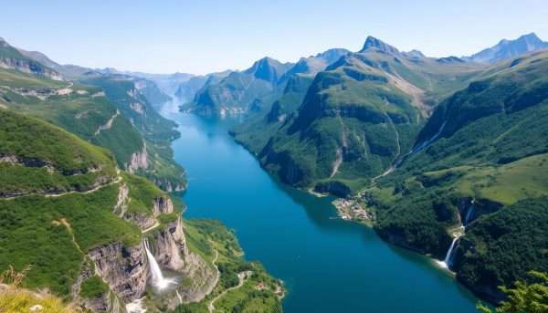 Dramatic view of Geirangerfjord with steep cliffs and waterfalls, Norway