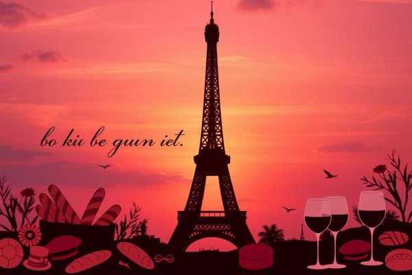Eiffel Tower silhouette against sunset with French cultural elements and pun text