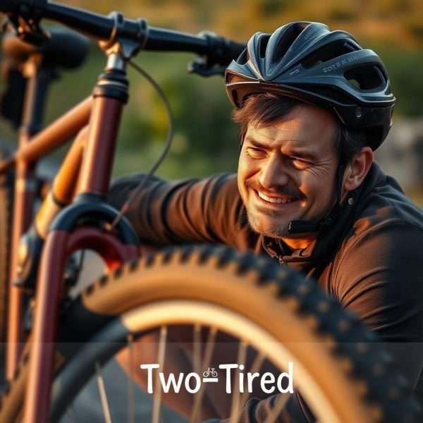 Exhausted cyclist resting beside bicycle with 'Two-Tired' caption