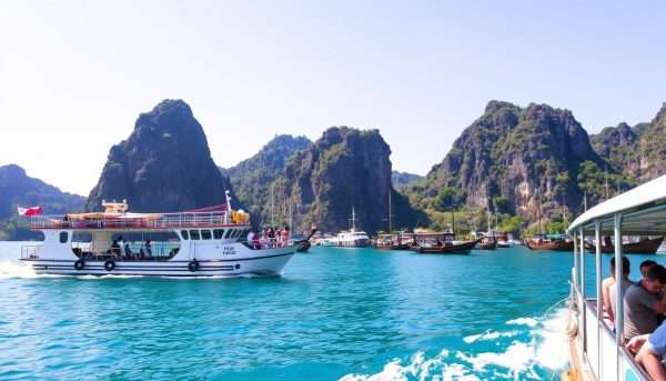 Ferry boat departing from El Nido harbor with limestone cliffs in background Ferry boat departing from El Nido harbor with limestone cliffs in background