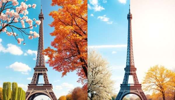 Four-panel image showing the Eiffel Tower in different seasons with seasonal puns