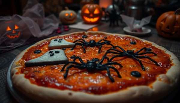 Halloween-themed pizza with spooky toppings arranged in a ghost pattern Halloween-themed pizza with spooky toppings arranged in a ghost pattern