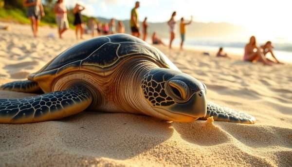 Hawaiian green sea turtle resting on Laniakea Beach - wildlife highlight in our Oahu itinerary Hawaiian green sea turtle resting on Laniakea Beach - wildlife highlight in our Oahu itinerary