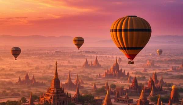 Hot air balloons floating over ancient temples at sunrise in Bagan, Myanmar
