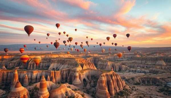 Hot air balloons flying over the unique rock formations of Cappadocia at sunrise