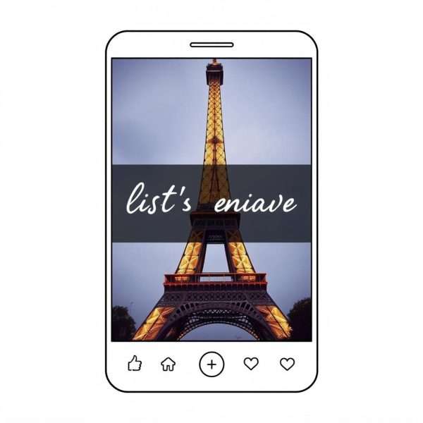 Instagram-style photo of the Eiffel Tower with caption overlay and smartphone frame