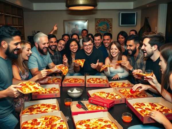 Large group enjoying pizza and sharing puns at a party Large group enjoying pizza and sharing puns at a party
