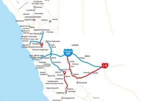 Map showing the Portland to San Francisco road trip route with key stops highlighted along Highway 101 and I-5