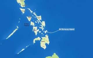 Map showing the route from El Nido to Boracay with both islands highlighted on a Philippines map