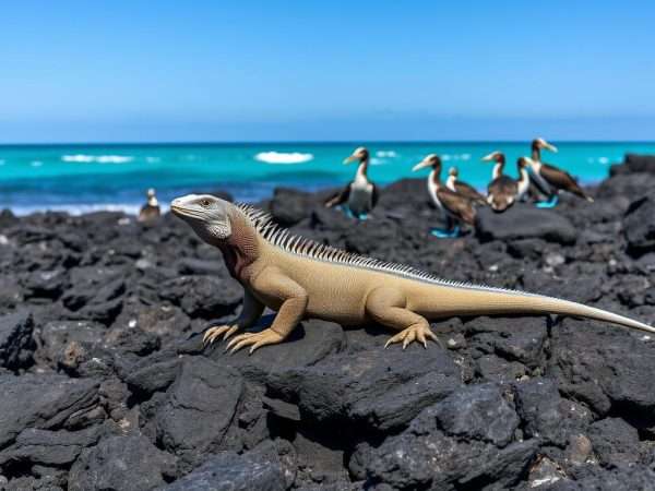 Marine iguana and blue-footed boobies on volcanic rocks in the Galapagos Islands