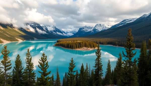Moraine Lake with turquoise waters surrounded by snow-capped mountains in Banff National Park