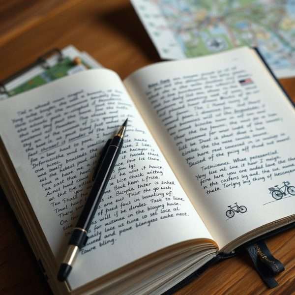 Open journal with bicycle touring entries and hand-drawn pun illustrations