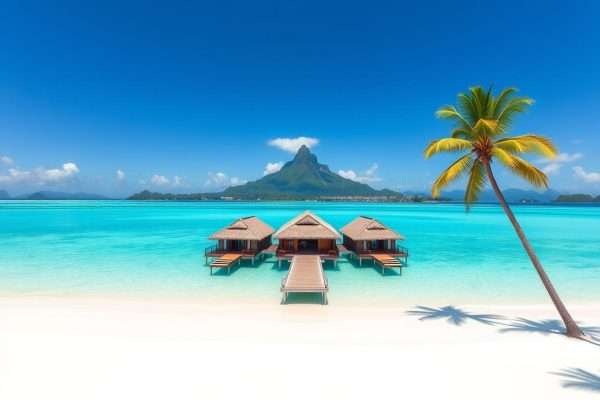 Overwater bungalows with Mount Otemanu in the background, Bora Bora, French Polynesia