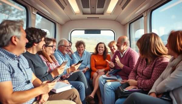 Passengers on a train sharing train travel jokes and laughing Passengers on a train sharing train travel jokes and laughing