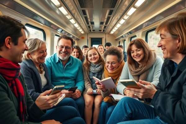 Passengers sharing train travel jokes and bonding on a journey Passengers sharing train travel jokes and bonding on a journey
