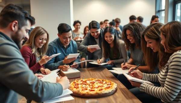 People participating in a pizza pun challenge with notepads People participating in a pizza pun challenge with notepads