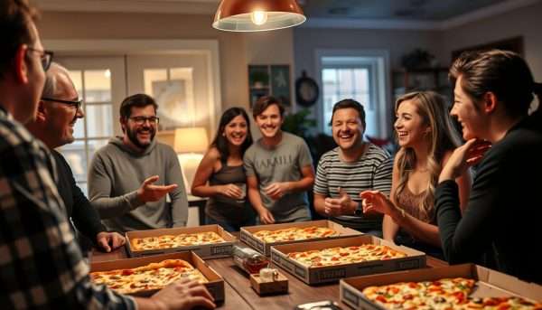 Person delivering a pizza pun to laughing friends at a party Person delivering a pizza pun to laughing friends at a party