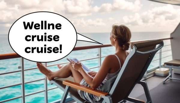 Person relaxing on cruise ship deck chair with ocean view and wellness pun