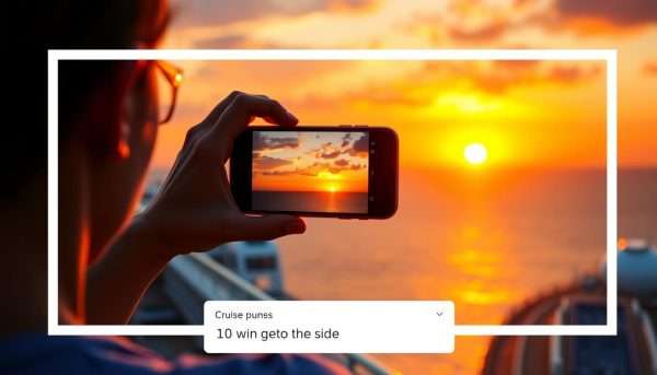 Person taking photo of cruise ship sunset for social media with pun overlay