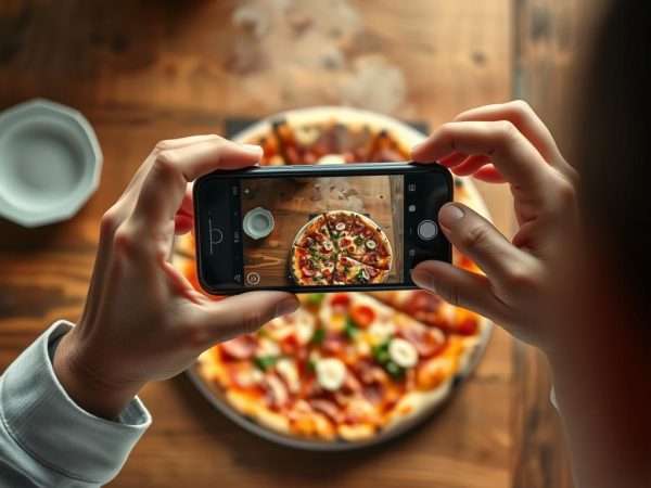 Person taking photo of pizza for social media with pizza puns caption