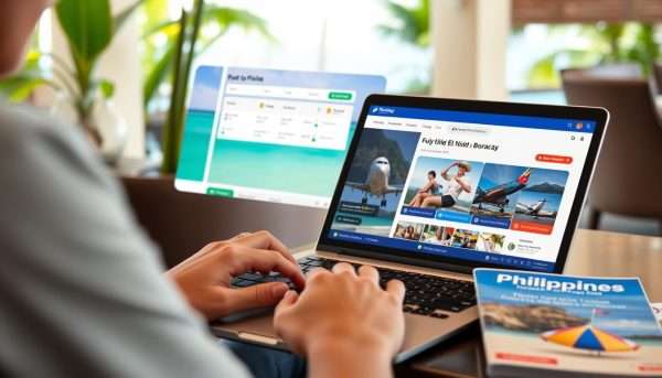 Person using laptop to book travel between El Nido and Boracay on a booking website Person using laptop to book travel between El Nido and Boracay on a booking website