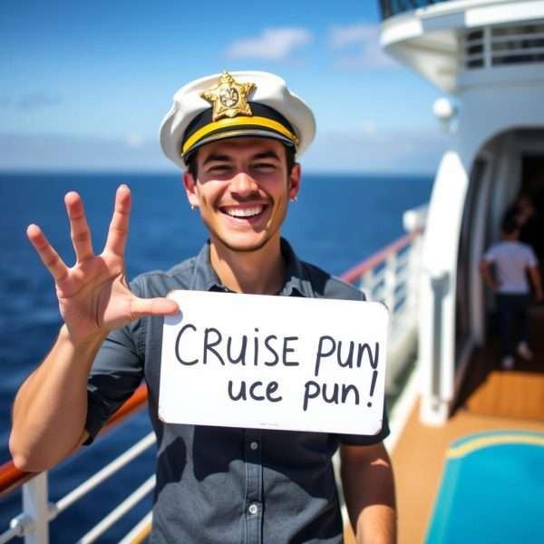 Person wearing captain's hat making cruise ship pun gesture