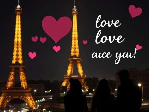 Romantic view of the Eiffel Tower at night with heart-shaped lights and love puns