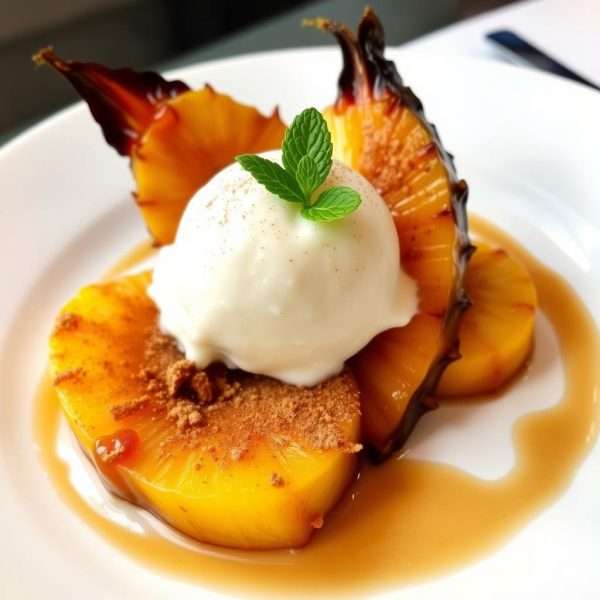 Roticcorie fruit pineapple dessert with ice cream Roticcorie fruit pineapple dessert with ice cream