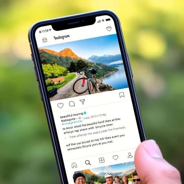 Smartphone displaying Instagram post with bicycle touring photo and pun caption