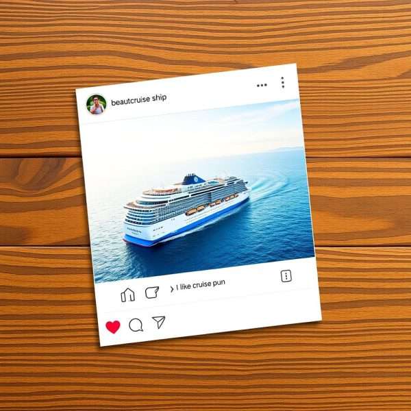 Social media post mockup with cruise ship pun and vacation photo