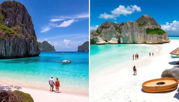 Split view of El Nido and Boracay beaches showing the contrast between destinations Split view of El Nido and Boracay beaches showing the contrast between destinations