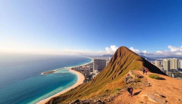 Sunrise view from Diamond Head crater overlooking Waikiki Beach - highlight of day 1 in our Oahu itinerary Sunrise view from Diamond Head crater overlooking Waikiki Beach - highlight of day 1 in our Oahu itinerary