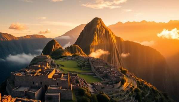 Sunrise view of Machu Picchu with Huayna Picchu mountain in the background, Peru