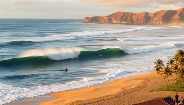 Sunset Beach on Oahu's North Shore with surfers catching waves - highlight of day 4 in our Oahu itinerary Sunset Beach on Oahu's North Shore with surfers catching waves - highlight of day 4 in our Oahu itinerary