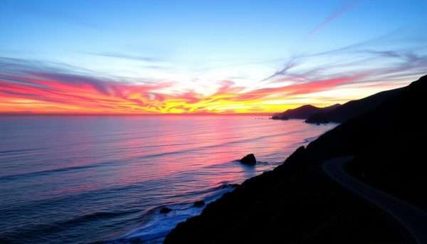 Sunset over the Pacific Ocean from a scenic viewpoint along the Portland to San Francisco road trip route Sunset over the Pacific Ocean from a scenic viewpoint along the Portland to San Francisco road trip route