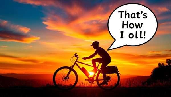 Sunset silhouette of cyclist with speech bubble containing 'That's how I roll' pun
