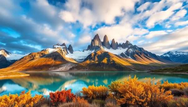 The iconic granite towers of Torres del Paine National Park reflected in a lake, Patagonia, Chile