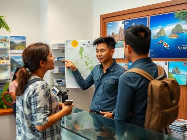 Tourist asking for information at a travel agency in the Philippines Tourist asking for information at a travel agency in the Philippines