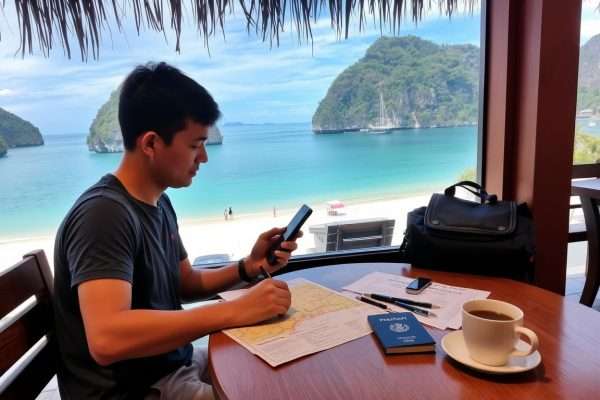 Tourist checking travel documents and maps while planning El Nido to Boracay journey Tourist checking travel documents and maps while planning El Nido to Boracay journey