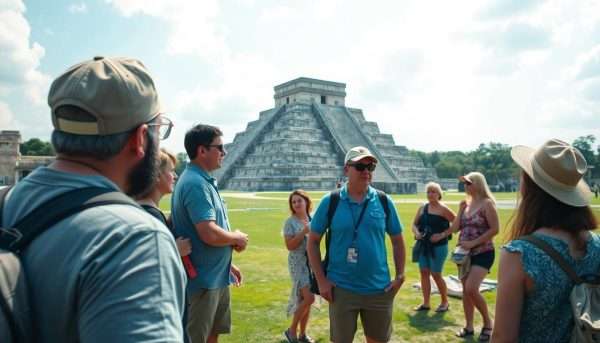 Tourists exploring Chichen Itza archaeological site with a guide Tourists exploring Chichen Itza archaeological site with a guide