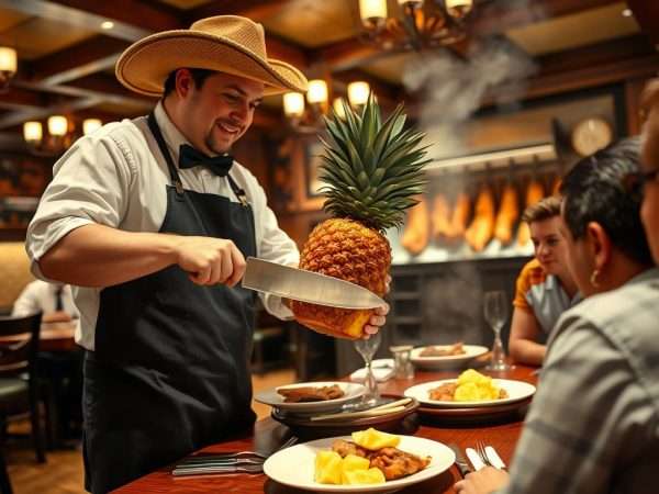 Traditional Brazilian churrascaria serving roticcorie fruit pineapple Traditional Brazilian churrascaria serving roticcorie fruit pineapple